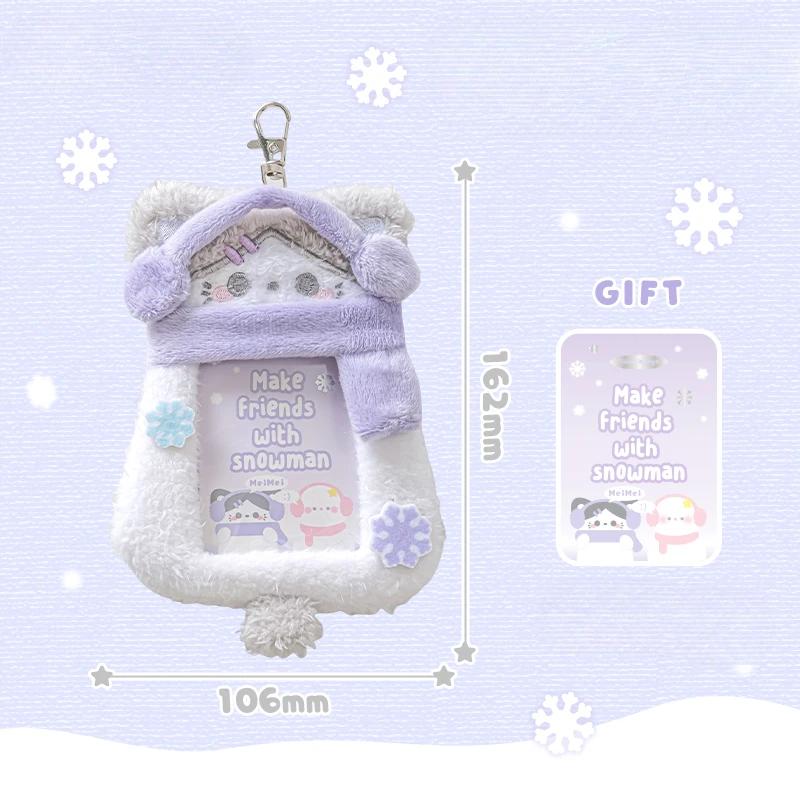 Plush Snowman Photocard Holder with Chain Cartoon Animal Photo Frame 3 Inch Kpop Photocard Sleeves for Girls Birthday Gifts 2025