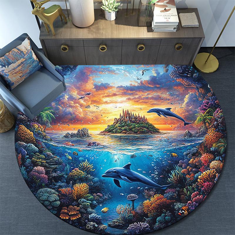 Dolphins Coral Round Area Rug,Carpet Rug for Living Room Bedroom Sofa Playroom Decor,Non-slip Floor Mat