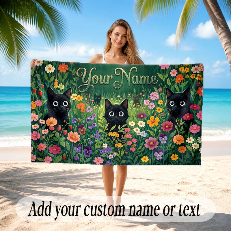 Cat Theme Soft Beach Towel Personalized Custom Name Text Towel Portable for Beach Pool Travel