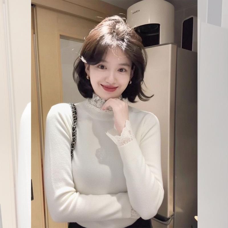 Pink girlish sweater women's autumn and winter stacked semi-turtleneck bottoming shirt lace inner shirt long-sleeved knitted top