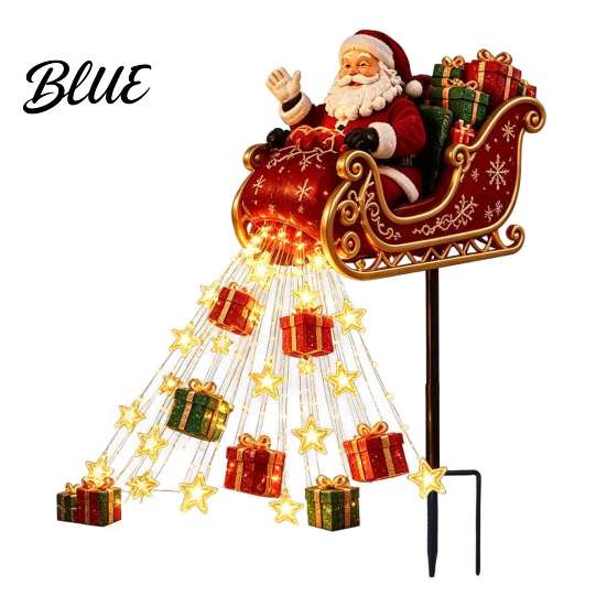Decorative Iron Garden Stakes Santa Sleigh Figurine Light, Solar Powered Christmas Stake Festive Holiday Lawn Ornaments Pouring Gifts Stars Light for