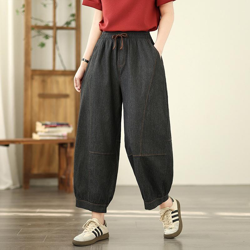 

Эластичные джинсовые брюки с высокой талией женские летние джинсовые брюки 9 дюймов однотонные повседневные женские брюки гаремы 2025 M чёрный