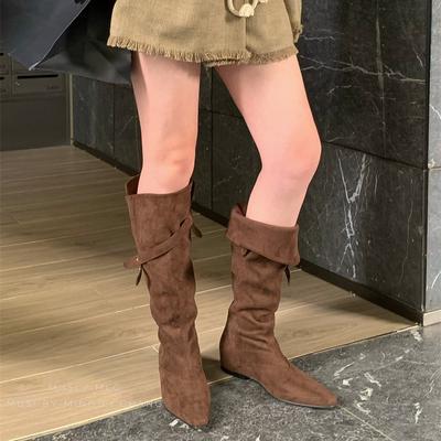 2025 Autumn and Winter New Square Head Slack Two Wear Tall Boots Velvet Simple Bag Legs Slope Heel Boots Women