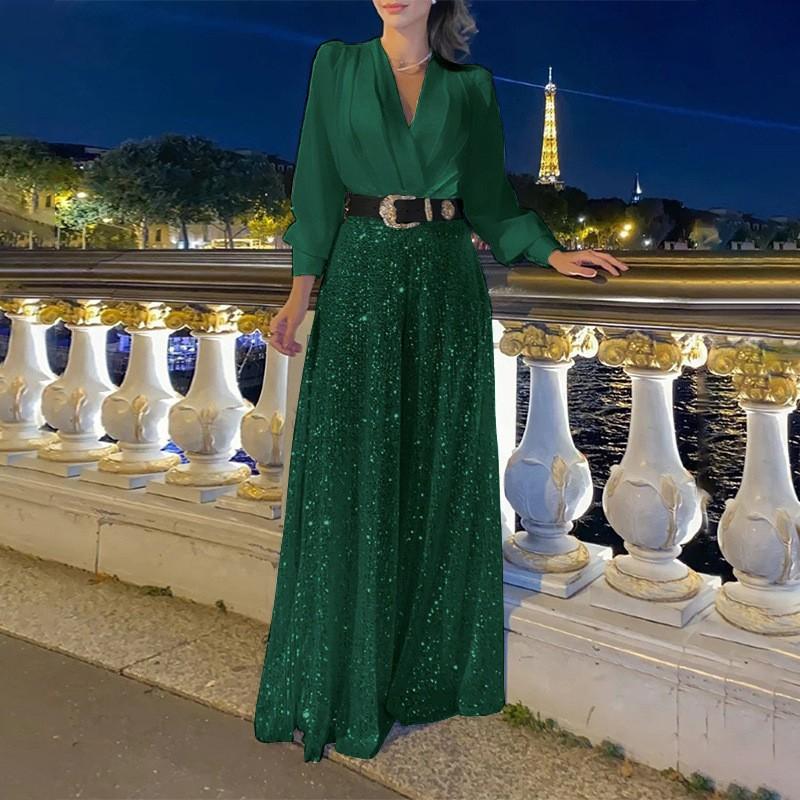 Women's Jumpsuit Fashion V-neck Long Sleeved Shirt with Elegant Temperament Slim Waist and Sequin Wide Leg Pants