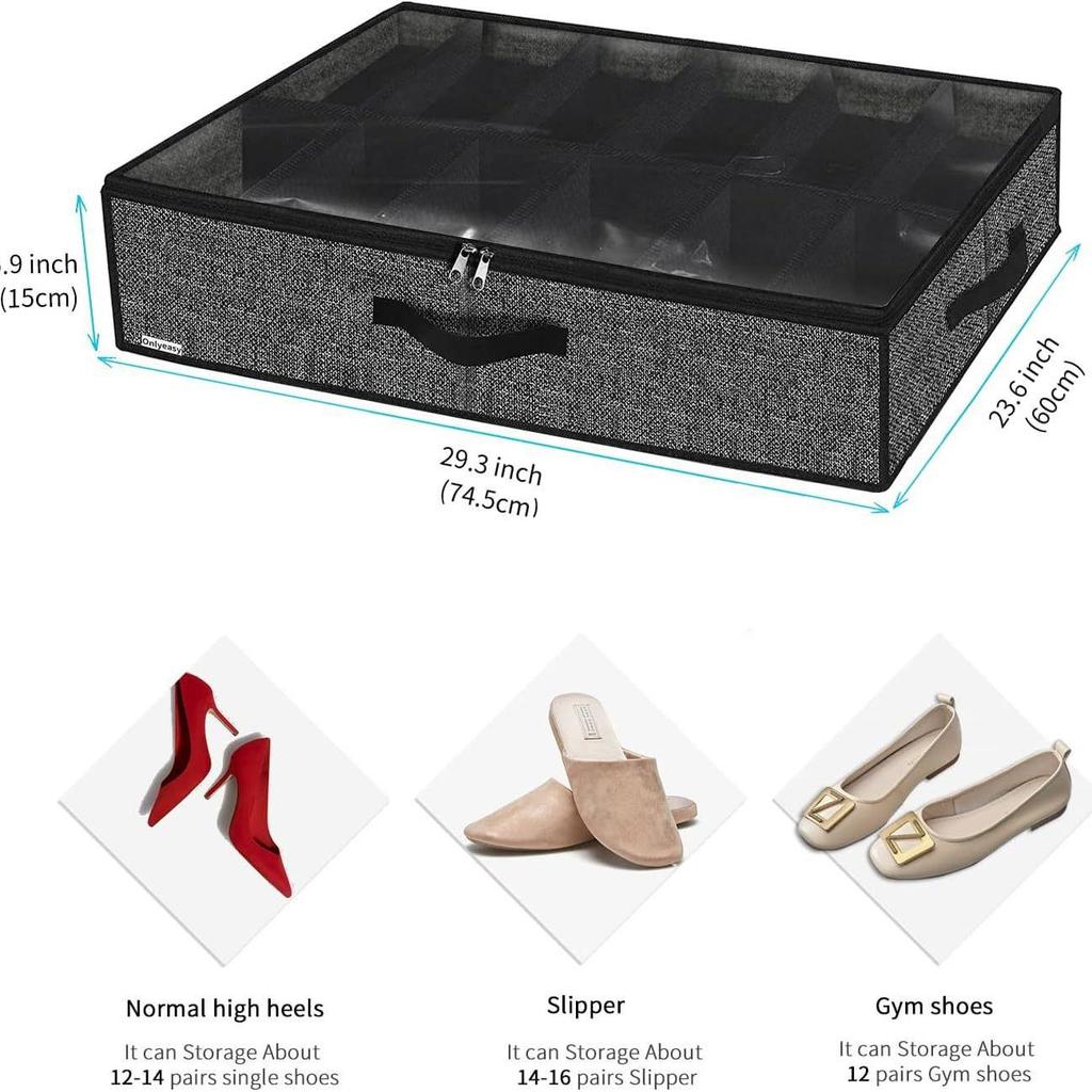 Underbed Shoe Organizer with Handles and Clear Window, for Foldable Shoes