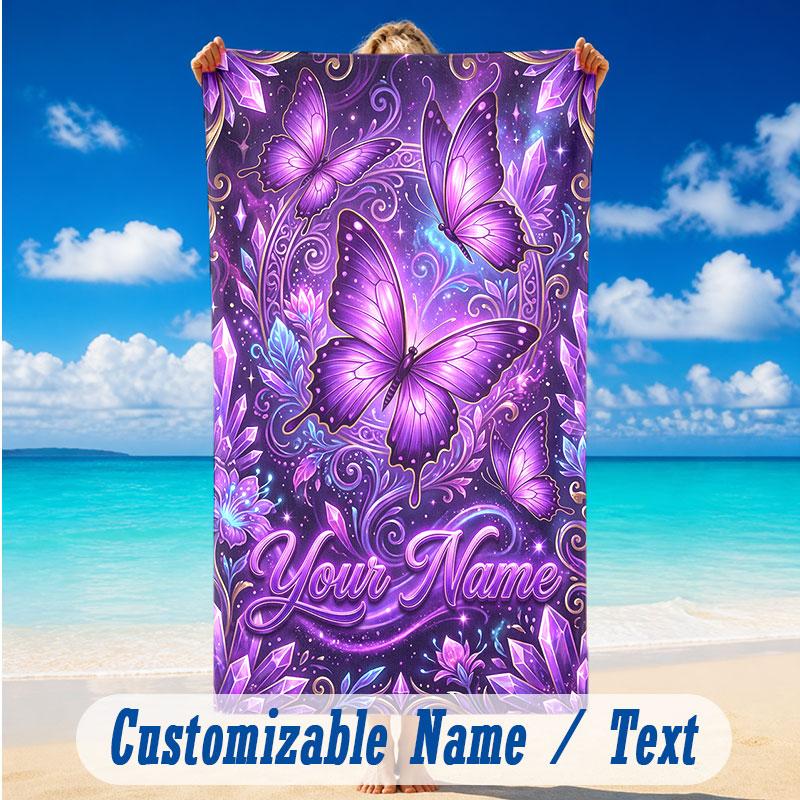 Butterfly Theme Beach Towel Personalized Custom Name & Text Soft Quick Dry Beach Towel for Swimming Travel