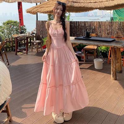 Kır Stili Pembe Uzun Elbise Kadınlar için 2025 Yaz Plaj Spagetti Askılı Elbiseler Kadın Tatil Kolsuz A Kesim Güneşlik