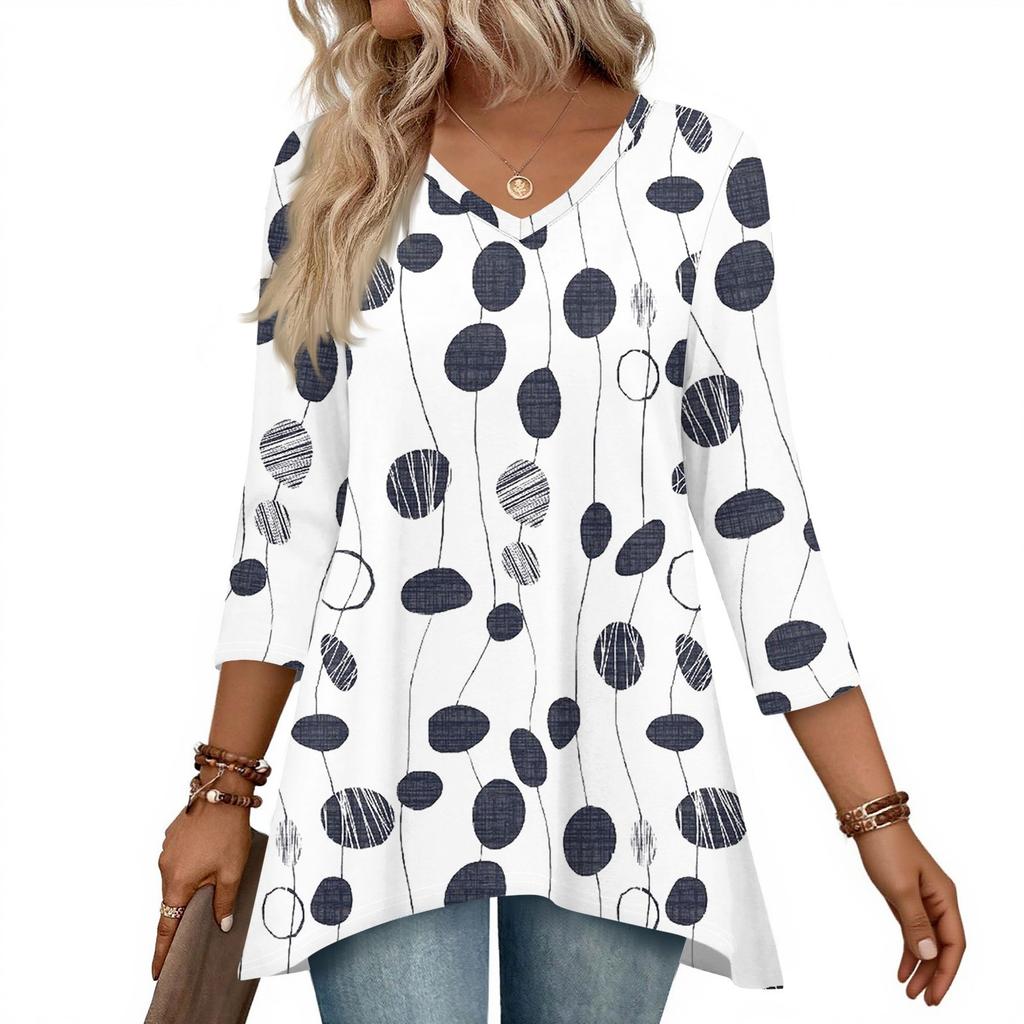 Womens Tops V-neck 3/4 Sleeve Blouses Casual Mid-length Shirts Fashion Print Tunic Tops