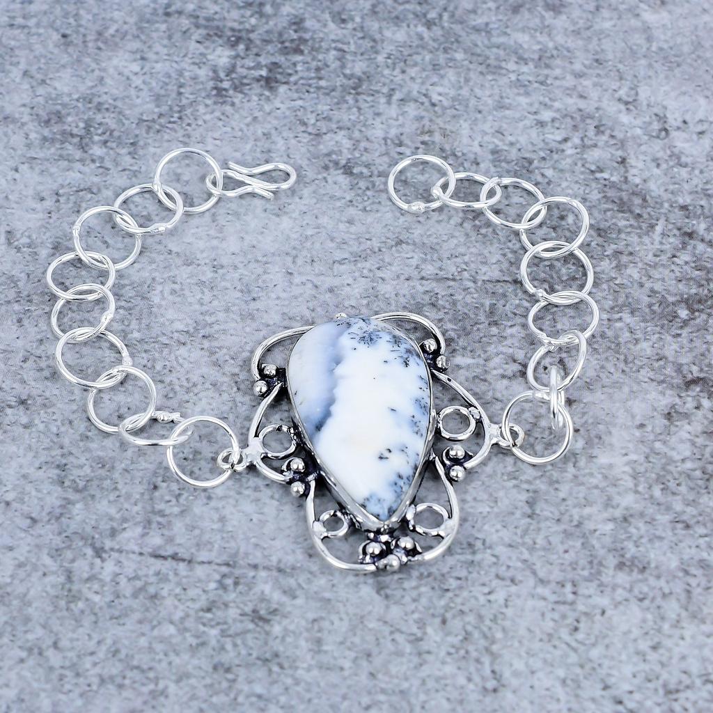 Dendrite Opal Gemstone Handmade 925 Sterling Silver Bracelet 7-8" M-2728