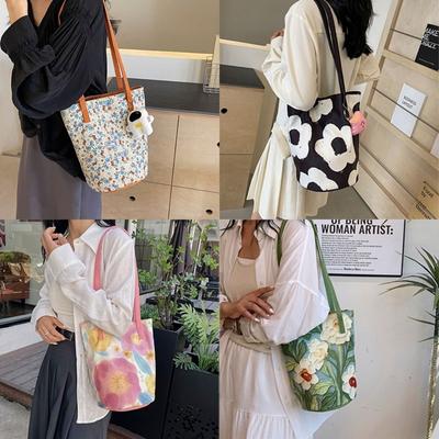 New Floral Pattern Bucket Bag Casual Canvas Shoulder Bag Large Capacity Creative Handbag for Women Shoulder Bag