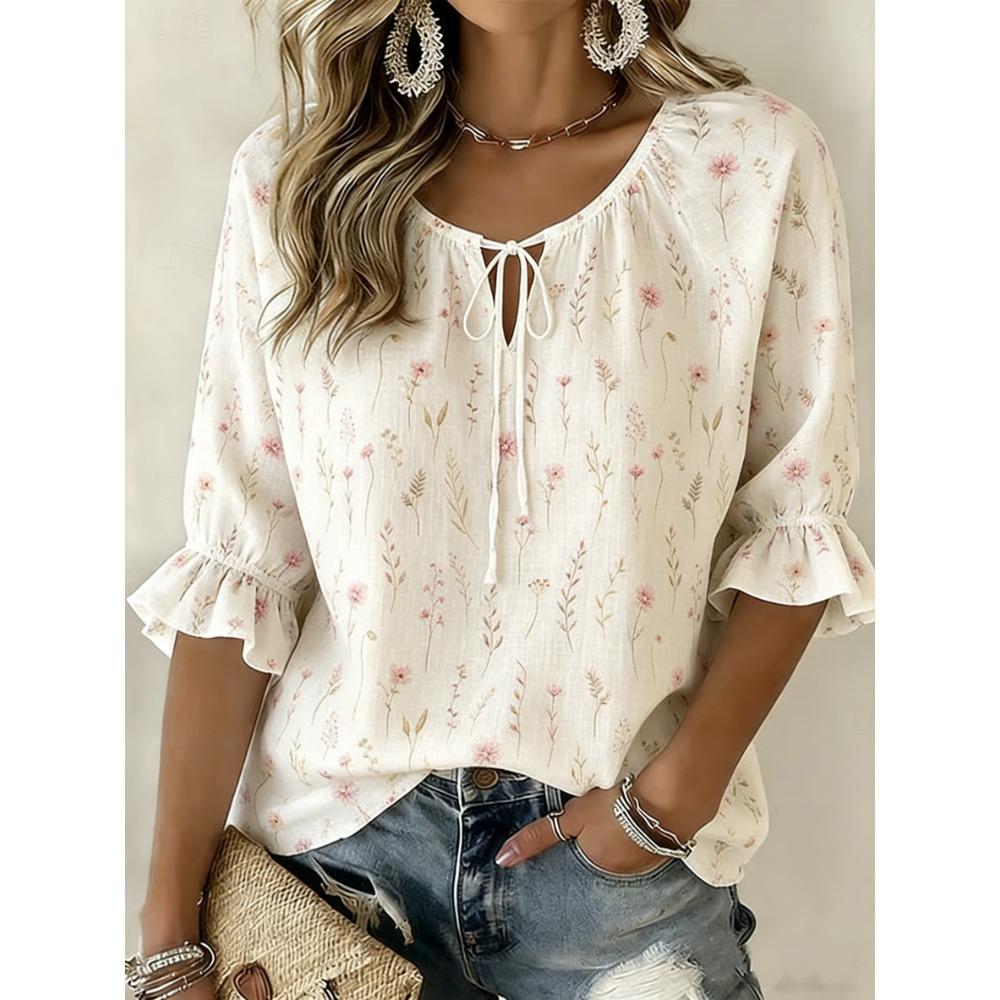 Women s White Ditsy Floral Print Tie Neck Blouse, Casual Loose Tops for Spring Summer Daily Wear Vacation Occasions S