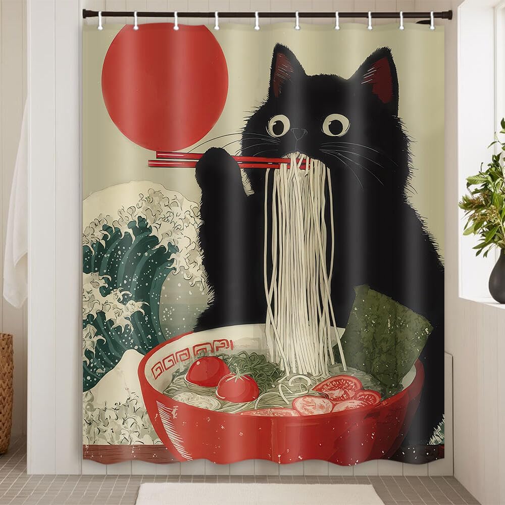 Cortina de ducha divertida de gato japonés Vintage Divertida Genial Linda Arte de gato negro Cortina de ducha Asiática Japón Atardecer Anime Ola del océano Única