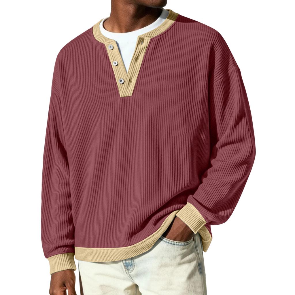 Men's Button-Down Collar Long-Sleeve Ribbed Knit Pullover