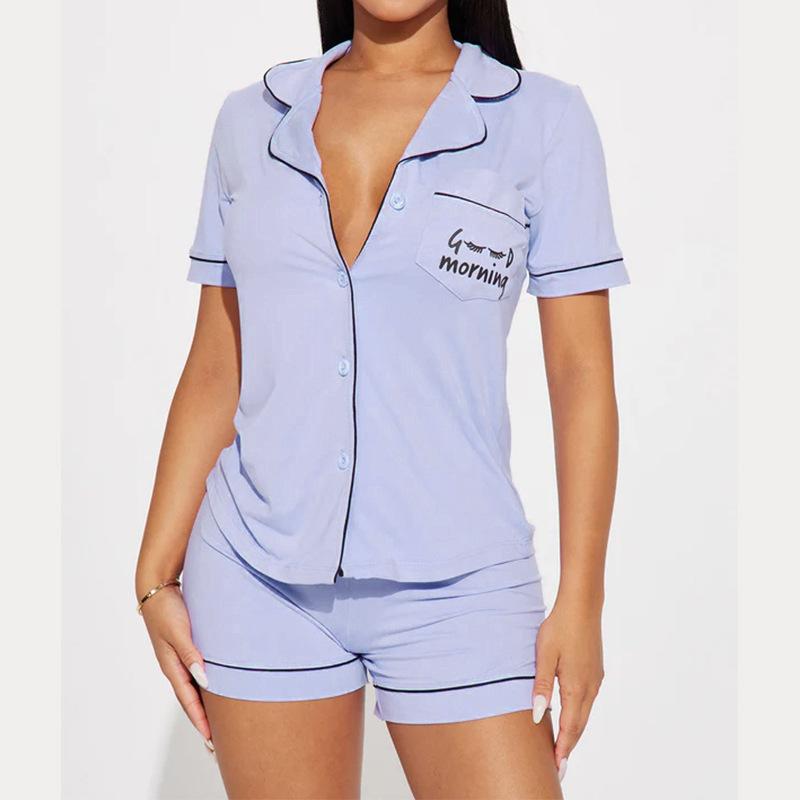 

Women Modal Pajama Set Short Sleeve Shirt with Pocket Letter Print Shorts Comfortable Sleepwear Loungewear S