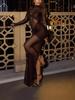 European-American Style Sexy See-Through Long Dress - Slim Fit, Round Neck, Open Back, Long Sleeve, Slit, Spring/Summer New Arrival