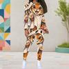 Women Plus Size Cartoon Printed Round Neck Long Sleeve Top Fitted Pants Two Piece Set