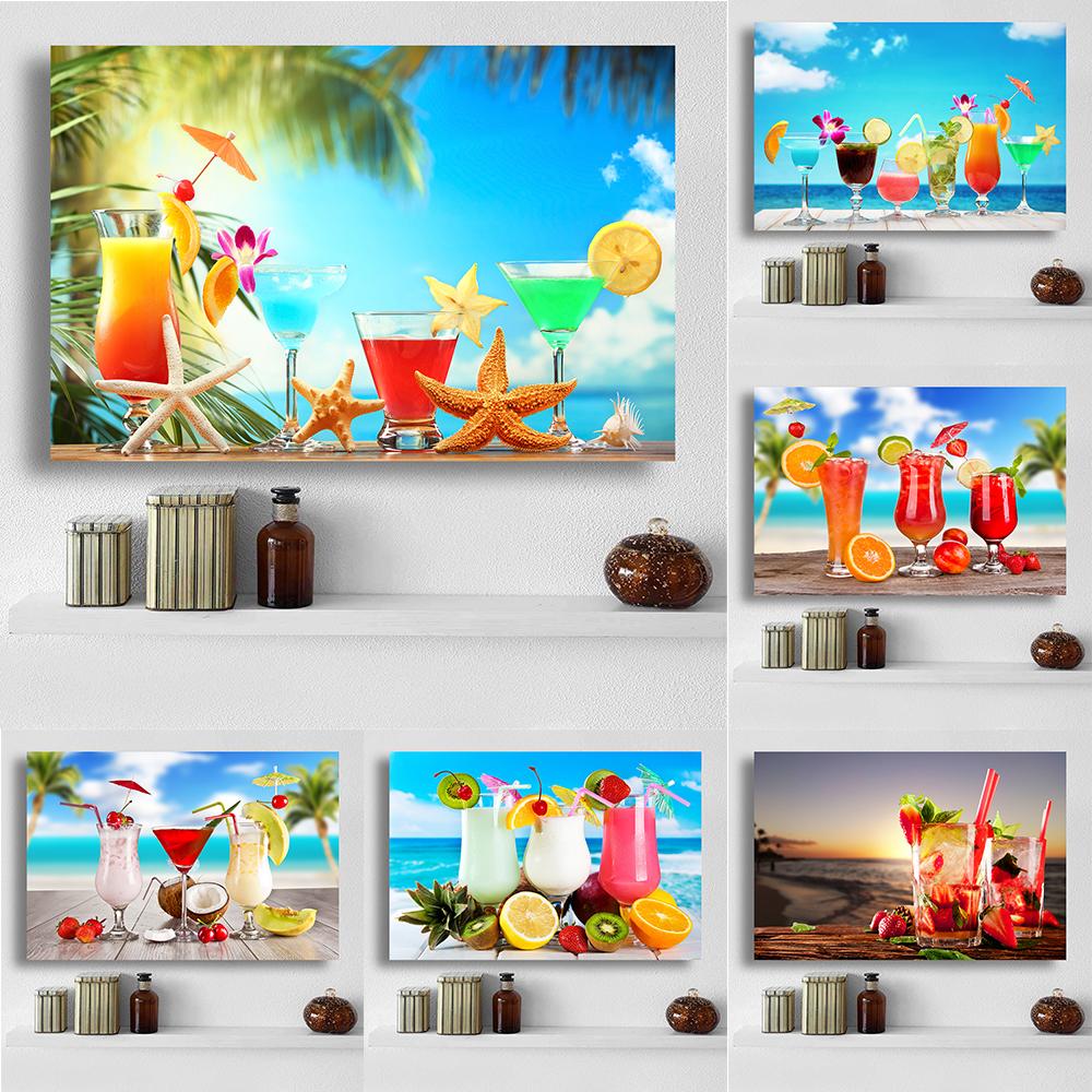 Modern Fresh Fruit Juices and Cocktails Canvas Painting Summer Sea Wall Picture Posters and Prints for Living Room Decor Cuadros