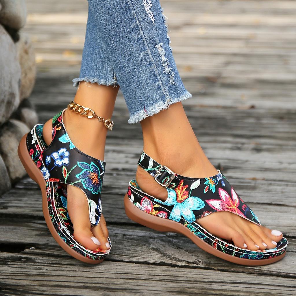 Large Size Herringbone Sandals for Women, Embroidered with Ethnic Style Flowers, with A Back Strap and Sloping Heel Sandals