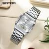 SANDA P747 LED Digital Dual Display Clock Unisex Stainless Steel Waterproof Sports Quartz Wristwatch Luxury Watch for Men Women