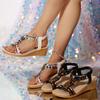 Bohemian Style String Bead Wedge Sandals for Women Summer 2025 Thick Sole Non Slip Beach Shoes Woman Shiny Crystal Roman Sandals