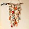 Handmade Crochet Flower Bohemian Hanging Tapestry, Tassels Decor Farmhouse Wall with Wooden Stick, Living Room Bedroom Art Decoration Cotton