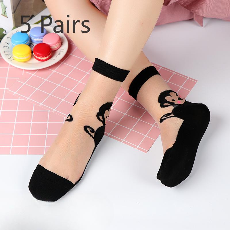 5 Pairs of Light and Breathable Cartoon Bear Mid Calf Socks for Women In Spring and Summer