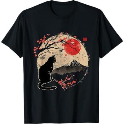 Schwarze Katze Vintage Japan Kunst Japanisches Thema Retro Print T-Shirt PNCAAPT