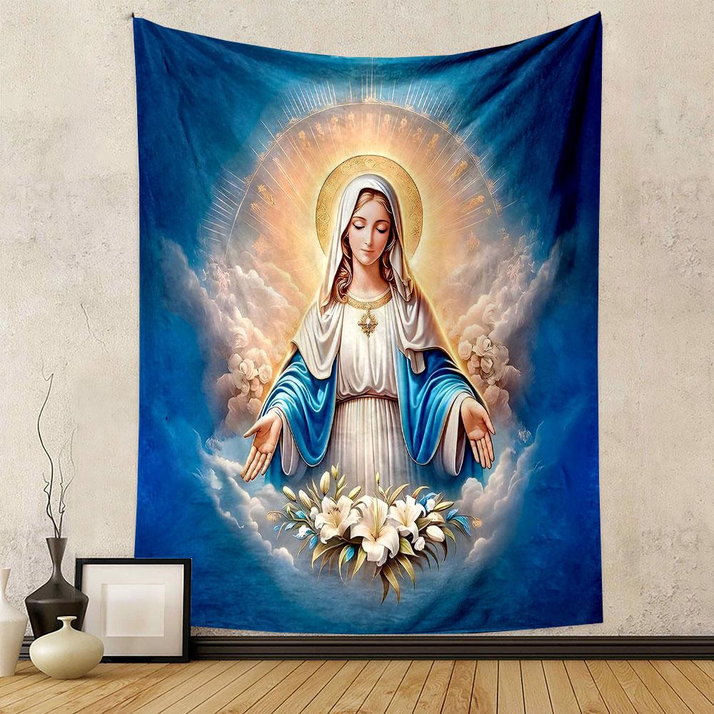 Holy Virgin Mary with Lilies and Halo Patterned Tapestry Home Decor, Suitable for Bedroom and Living Room, Gift