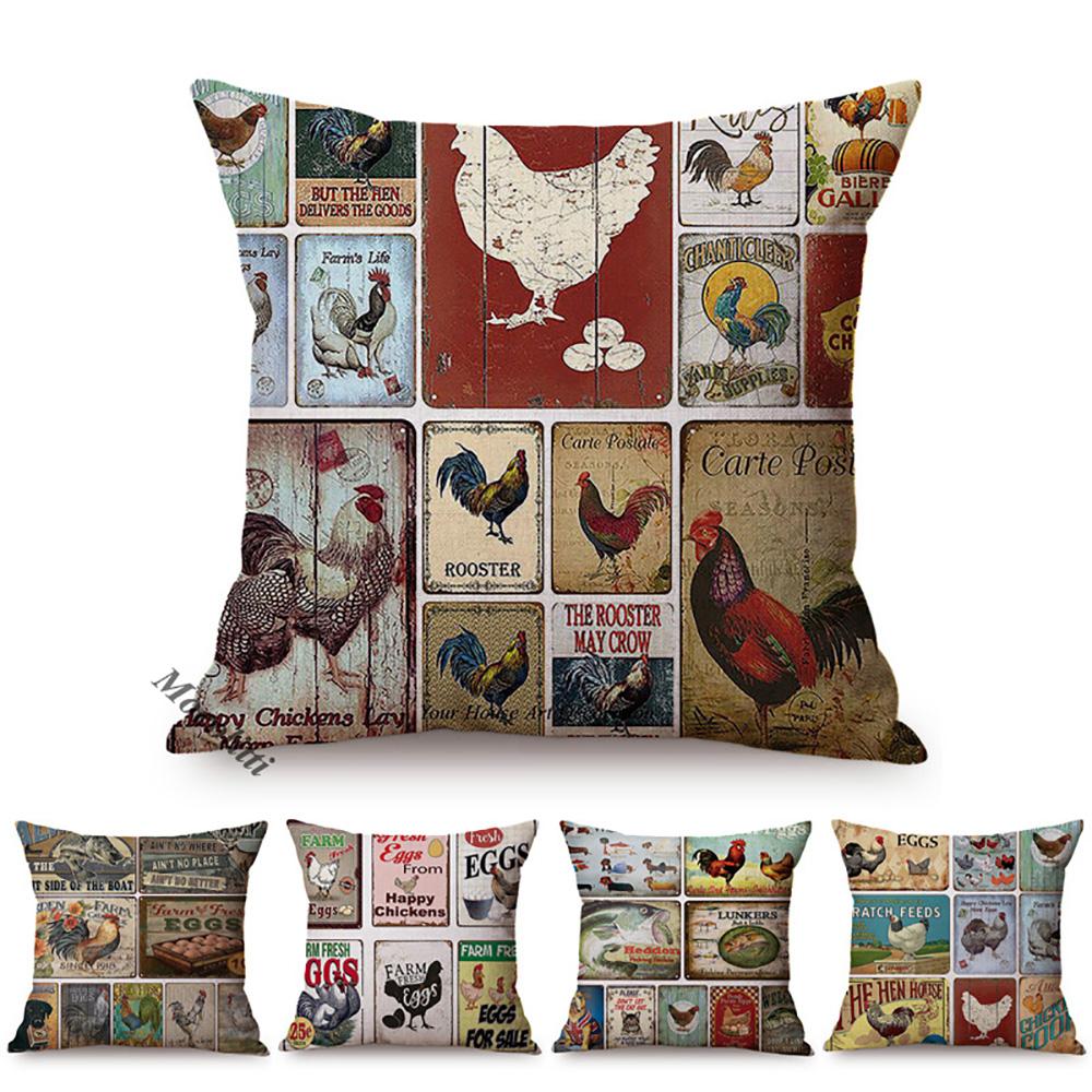 Monika Chen Unisex Vintage Nordic Farm Poster Sofa Decorative Throw Pillow Case Retro Shabby Tin Signs Rooster Henhouse Cotton Linen Cushion Cover