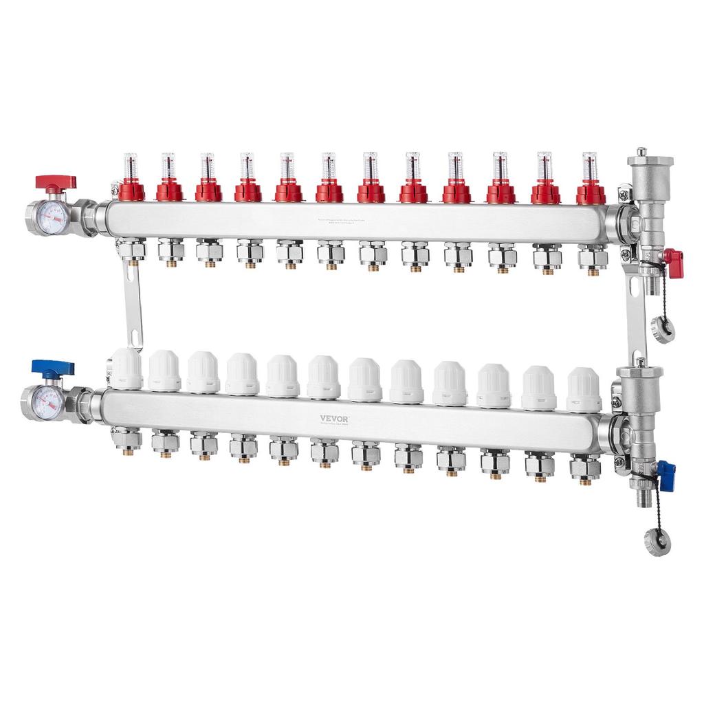 VEVOR 12-Branch Radiant Heat Manifold, 1/2" PEX Tubing Manifold, Stainless Steel PEX Manifold for Hydronic Radiant Floor Heating