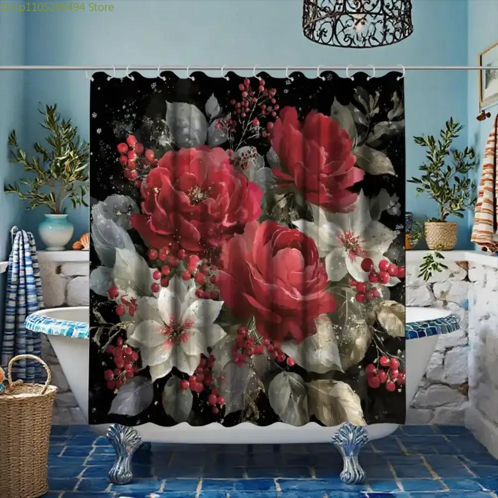 1pc Bathroom Shower Curtain, Floral Embroidery Frame Design, Red Festival Shower Curtain, Includes 12 Hooks, 180*180cm Bathroo