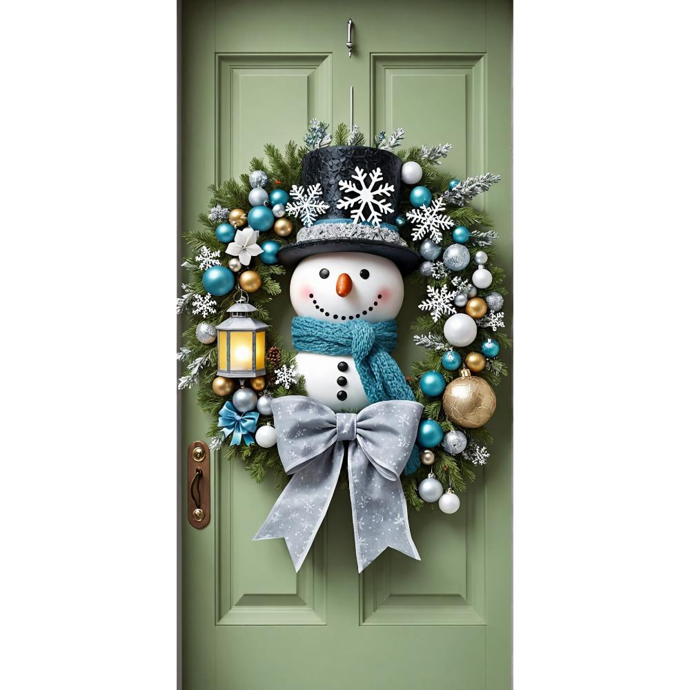 Snowman Wreath Green Lining For Christmas Doors Xmas Outdoor Decoration Door Cover For Front Door Home Christmas Party Supplies