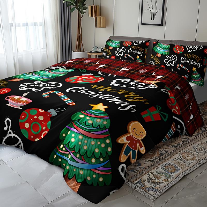Christmas Soft with Soft Fabric Duvet Cover Set Festive Santa Reinder Snowman Design Machine Washable Includes 1 Soft Duvet Cover 2 Pilowcases