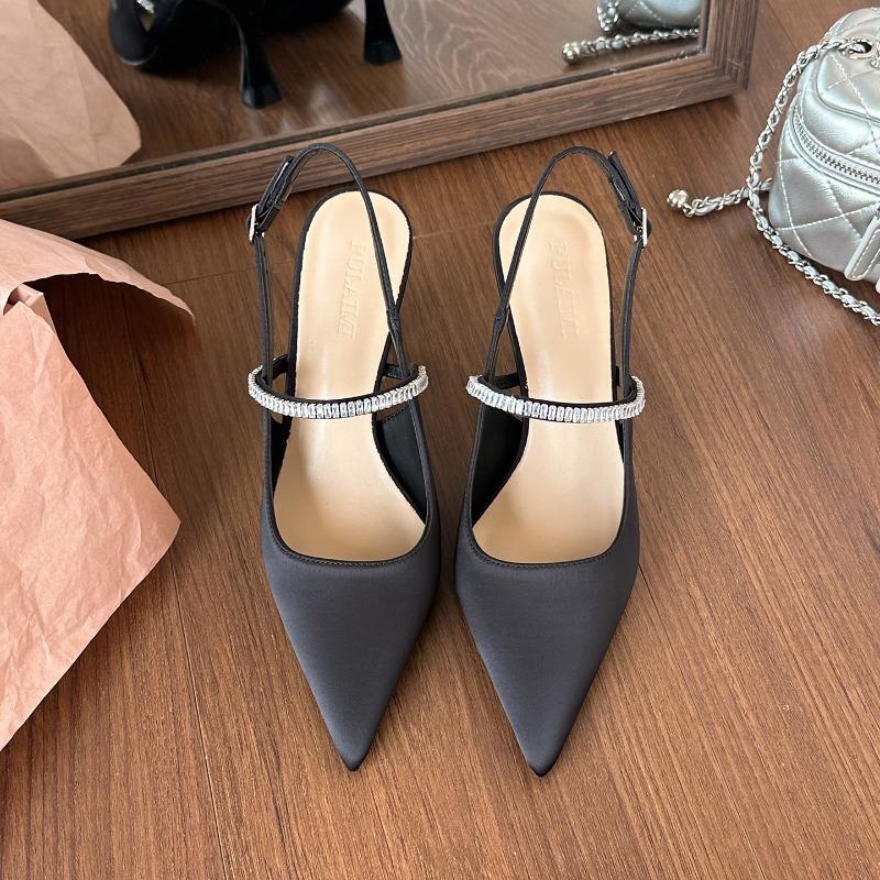 Back Strap Rhinestone Pointed High Heels New Single Shoes Rear Empty Sandals Women