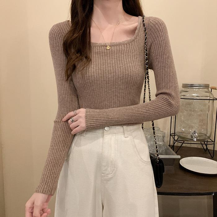 

2025 new square-neck slim-fit long-sleeved shirt high-quality low-neck inner sweater women s casual autumn and winter knitted sweater average size