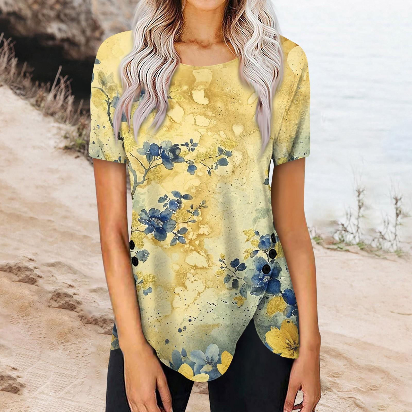 

Женский летний топ с коротким рукавом и круглым вырезом, с принтом на пуговицах сбоку XL жёлтый