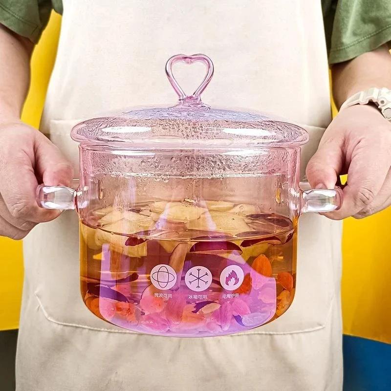 1500ml Pink Glass Binaural Pot Transparent Borosilicate Heat-resistant Soup Stock Pots Noodle Soup Bowl Kitchen Cooking Cookware