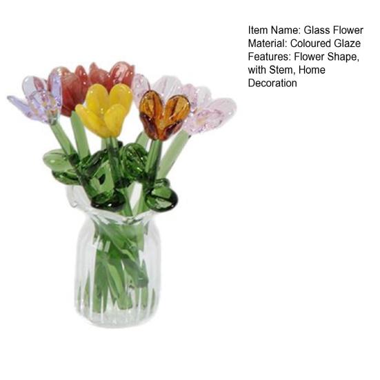 Glass Flower Bouquet with Vase Hand-Blown Mini Flower Decoration Home Living Room Handmade Simulation Floral Ornament with Stem