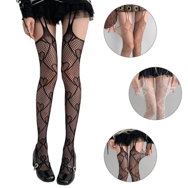 Women Sexy Hollow Out Fishnet Garter Belt Pantyhose Gothic Heart Patterned Sheer Thigh Highs Stockings Suspender Tights