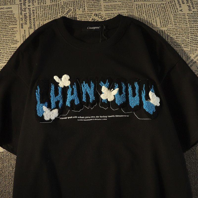 

Американская ретро вышивка бабочка из чистого хлопка с короткими рукавами футболка для мужчин и женщин летние свободные Гонконгские трендовые брендовые топы для пар больших размеров