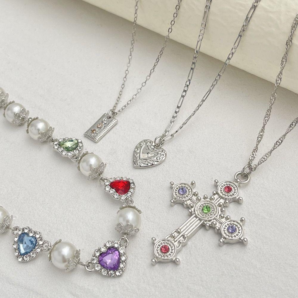 Silver Love Pearl Necklace Ethnic Style Rhinestone Necklace Cross Pendant Necklace  Decoration