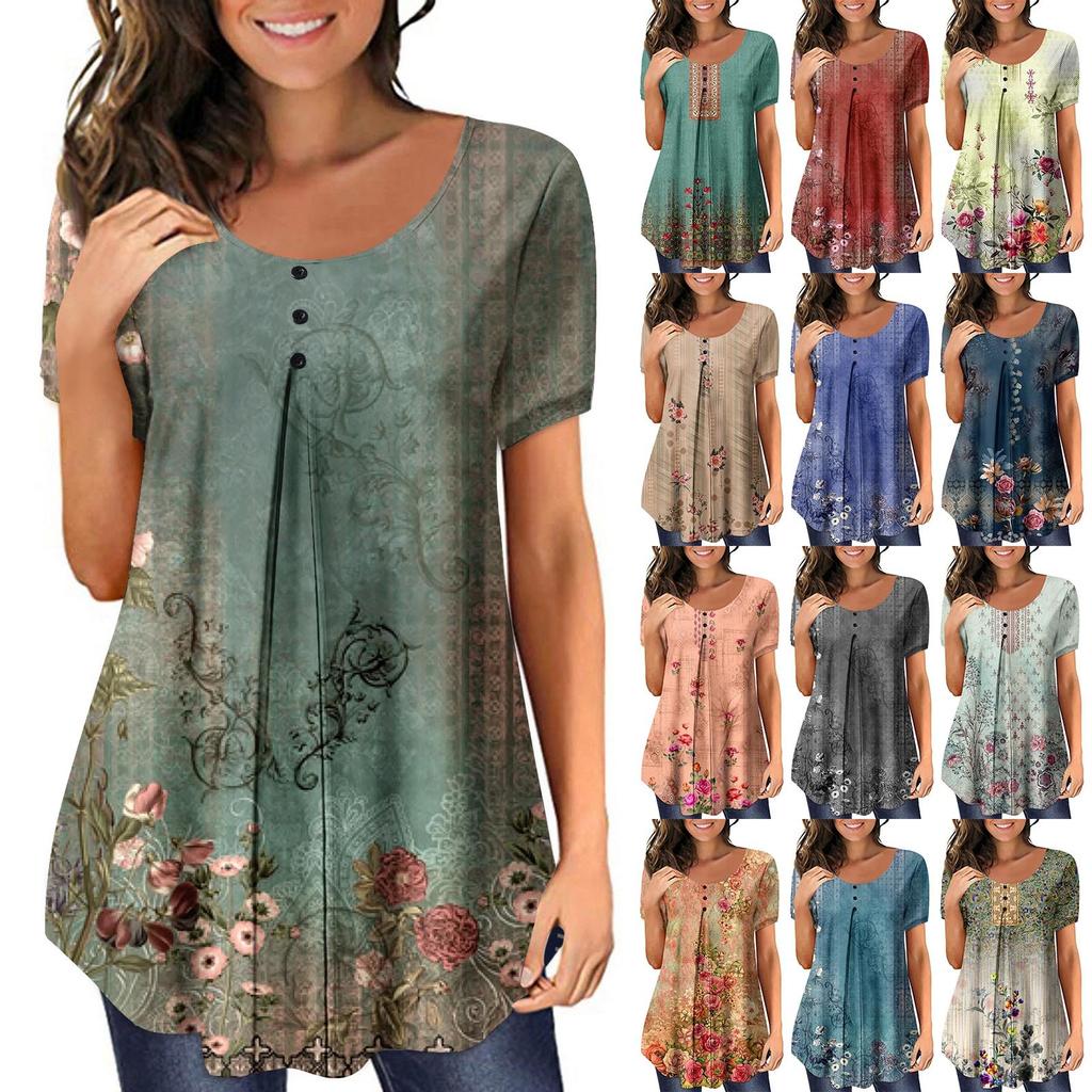 Women Summer Plus Size Pullover Print Loose Round Neck Button Short Sleeve T Shirt