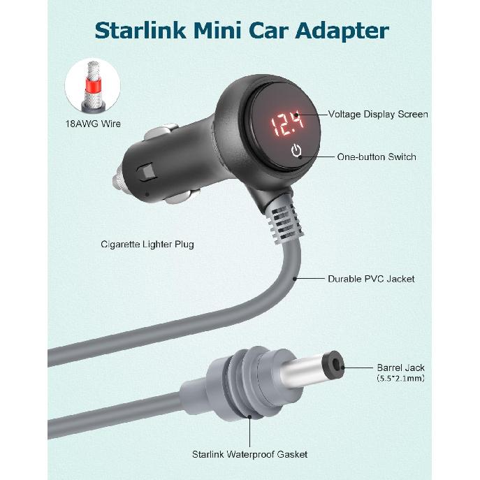 Starlink Mini Power Cable 10FT 12V Car Adapter for Starlink Mini | With Switch & Digital Voltage Display, Starlink Mini Cable Cigarette Lighter