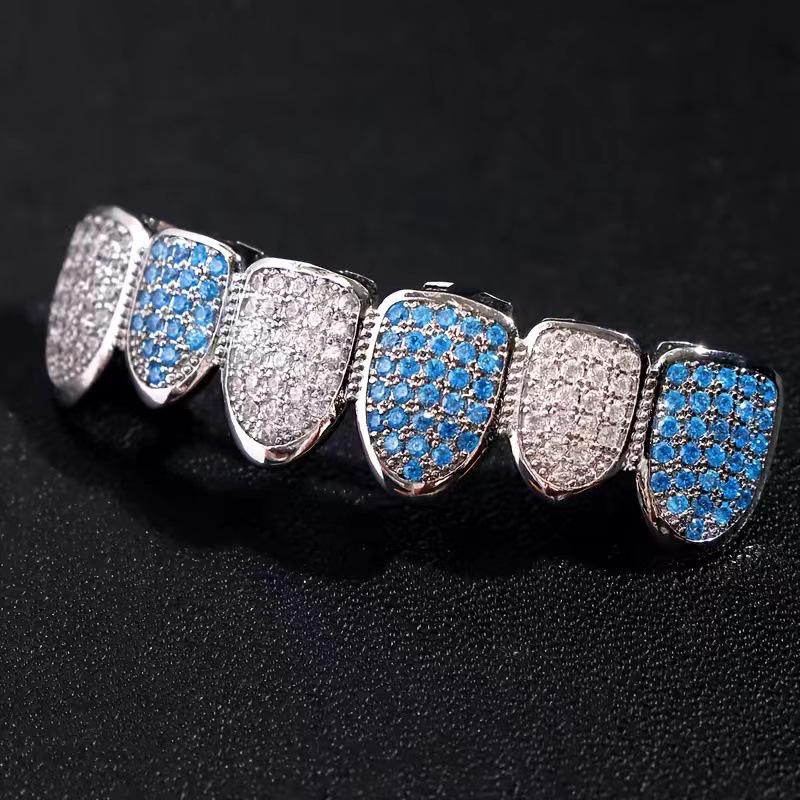 Blue & White Zircon Hip Hop Grillz for Halloween Costume - Micro-inlaid Zircon Tooth Jewelry