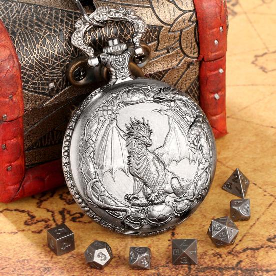 Metal Dice Set with Dragon Pocket Watch Case 7 Dices Portable Vintage Multi-side Game Dice Family Night Party Board Game