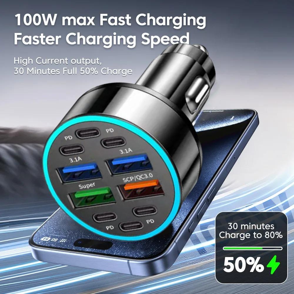 100W 10 Ports Car Charger Fast Charging PD QC3.0 USB C Car Phone Charger Type C Adapter in Car For iPhone Samsung Huawei Xiaomi