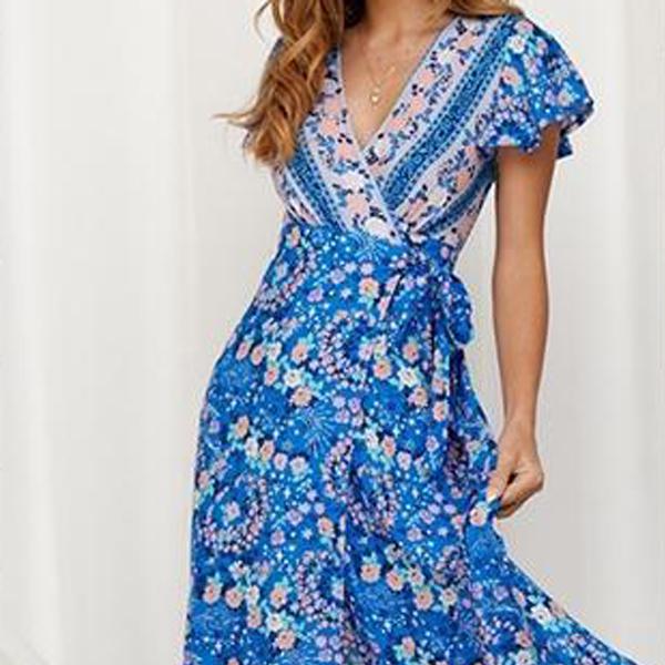 Women Summer Bohemian Dress Beach Open Wrap Dress Boho Deep V Neck Vacation Short Sleeve Floral Dress Long Maxi Dress