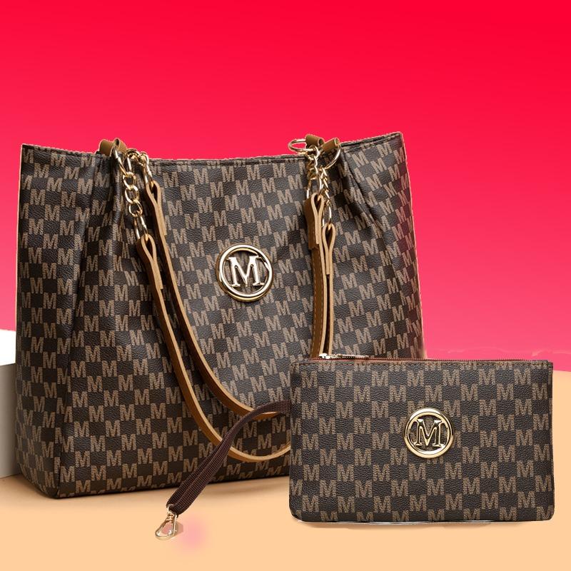 Tote bag med stor kapasitet pluss kombinasjonsveske med clutch, sett med ordtrykk, kjede med skulderreim dameveske.