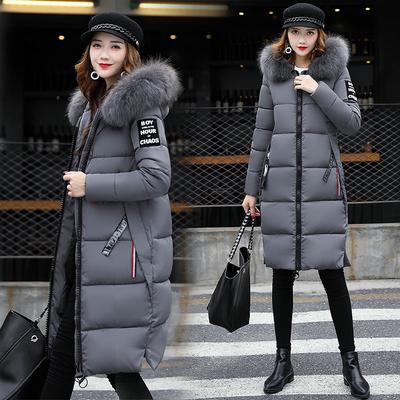 Damen Baumwollkleidung ist lang im Winter, schlank und dünn, Baumwollkleidung in großen Größen, großer Pelzkragen, knielange Baumwolljacke.