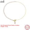 EFFIE QUEEN 925 Solid Sterling Silver 14k Gold Pearl Choker Necklace Plus Star Zirconia Trendy Jewelry for Women Banquet GPN92